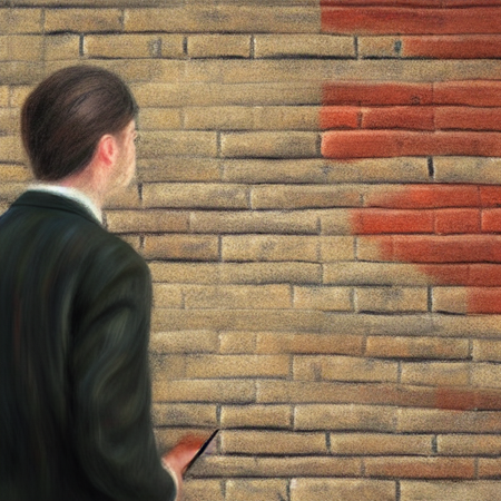 A man having an engaging conversation with a brick wall, impressionist painting