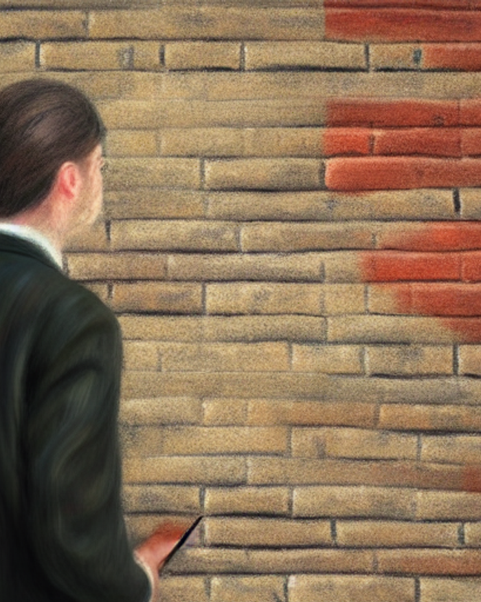 A man having an engaging conversation with a brick wall, impressionist painting