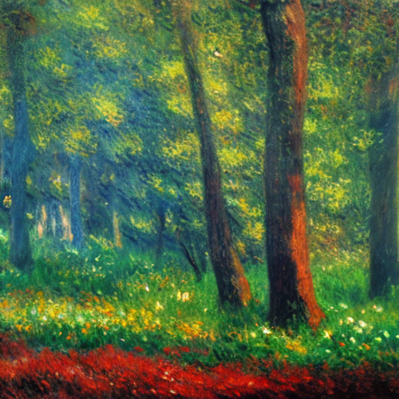 An impressionist painting of a forest path