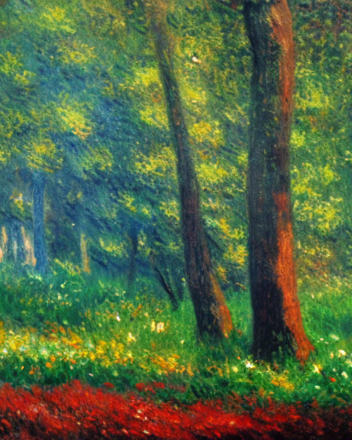 An impressionist painting of a forest path